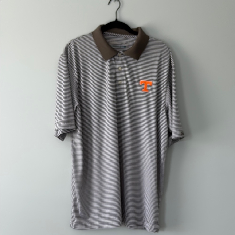 Cutter & Buck Gray Striped Polo Shirt with Orange Logo